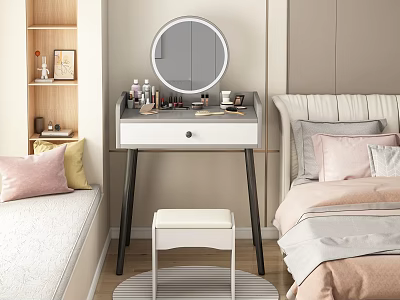 Modern Dressing Table With Round Mirror Cosmetics And Stool In Bedroom Setting 3d model