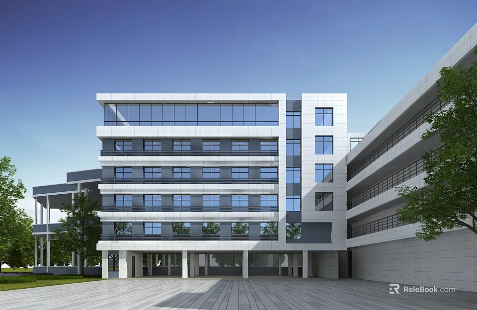 Modern Multi Story School Building With Glass Windows White Gray Facade And Open Square 3d model 
