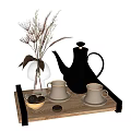 Elegant Modern Tea Set With Black Teapot White Teacups And Wooden Tray
