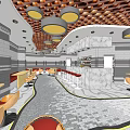 Stylish Bar Interior Design With Orange Hexagonal Ceiling Round Pendant Lights And Orange Chairs 3d model