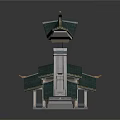 Traditional Chinese Architectural Structures With Green Roofs Overhanging Eaves And White Pillars