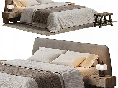 Modern Double Bed Bedroom Interior With Upholstered Headboard Soft Bedding Pillows And Wooden Nightstand 3d model