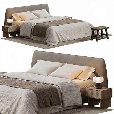 Modern Double Bed Bedroom Interior With Upholstered Headboard Soft Bedding Pillows And Wooden Nightstand 3d model