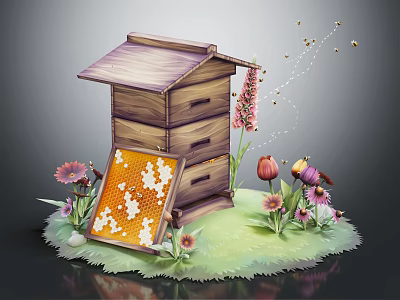 Beehive Shaped Wooden Box With Honeycomb Pattern Flowers And Flying Bees 3d model