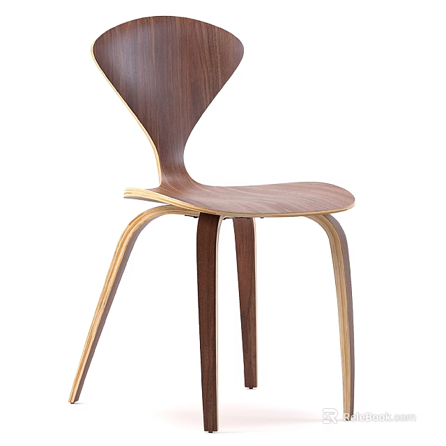 Modern Wooden Dining Chair With Curved Back And Arched Walnut Legs Design 3d model 