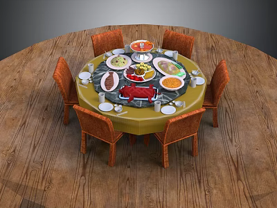 Round Dining Table With Orange Chairs And Various Food Dishes On Wooden Surface 3d model