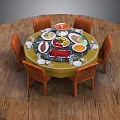 Round Dining Table With Orange Chairs And Various Food Dishes On Wooden Surface