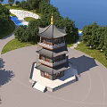 Traditional Chinese Multi Tiered Pagoda Surrounded by Green Trees and Grassland Under Blue Sky