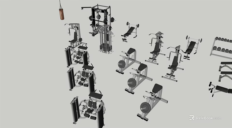 Various Fitness Equipment Including Multi functional Trainer Dumbbell Bench And Leg Press Machines 3d model 