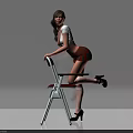 Woman In White Top And Red Plaid Skirt Leaning On Chair Wearing Black High Heels