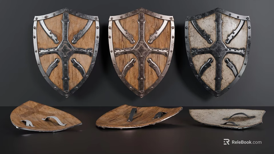Three Medieval Shields As Vintage Weapons With Wooden Metal Accents And Decorative Patterns 3d model 