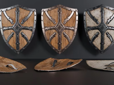 Three Medieval Shields As Vintage Weapons With Wooden Metal Accents And Decorative Patterns 3d model