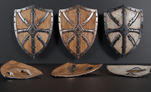 European-style Chinese-world shield combination American-style shield wall decoration pendant shield weapon hand toy wooden shield 3d model