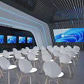 Modern Corporate Exhibition Hall Interior With White Chairs Large Screen And Blue Lighting