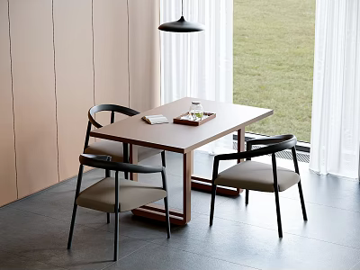 Modern Dining Table With Black Chairs And Light Gray Seats By Window Green Lawn View 3d model