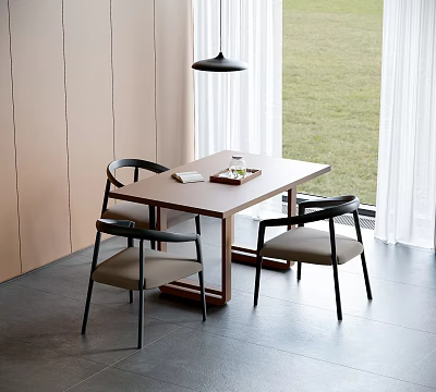 Modern Dining Table With Black Chairs And Light Gray Seats By Window Green Lawn View 3d model