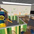 Casual Restaurant Interior With Wooden Tables Chairs Counter And Menu Posters