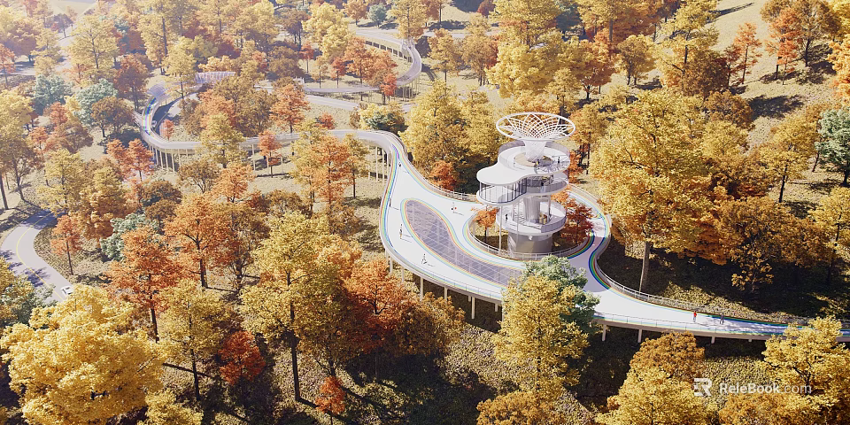 Scenic Park Landscape With Colorful Autumn Trees Winding Pathway And Observation Tower Design 3d model 