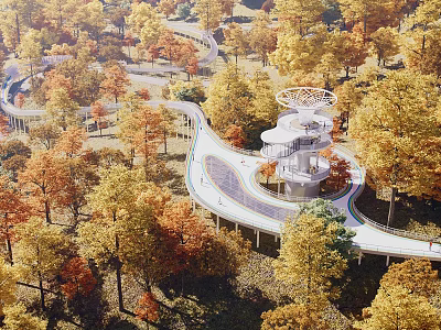 Scenic Park Landscape With Colorful Autumn Trees Winding Pathway And Observation Tower Design 3d model