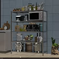 Multi Tier Metal Kitchen Shelving Unit With Microwave Pots Spices And Vegetables