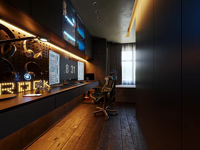 Dark Toned Tech Inspired Study Room With Monitors And Gaming Chair 3d model