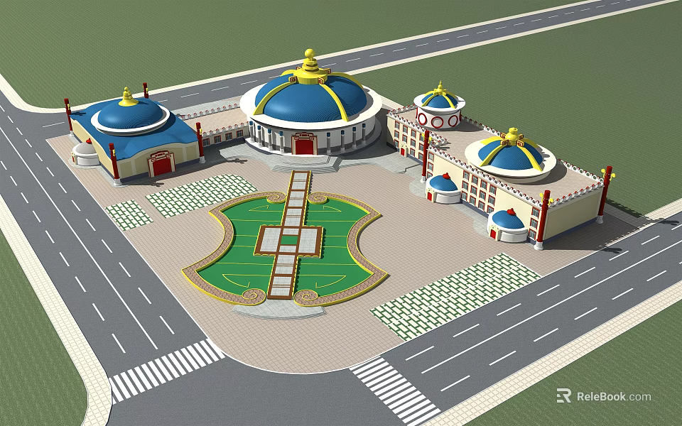 Aerial Planning of Traditional Domed Buildings with Blue Yellow Roofs Green Lawn and Surrounding Roads 3d model 