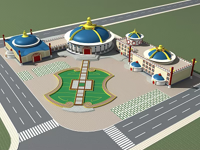 Aerial Planning of Traditional Domed Buildings with Blue Yellow Roofs Green Lawn and Surrounding Roads 3d model