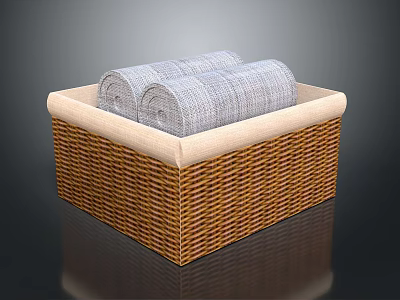 Woven Storage Basket With Beige Lining And Rolled Gray Towels 3d model