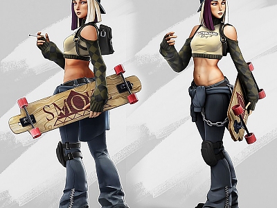 female beauty skating girl game character 3d model