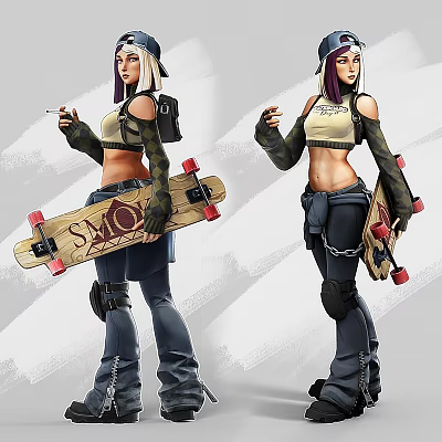 Women In Off Shoulder Tops With Knee Pads And Backpack Holding Skateboards Featuring SAS Logo 3d model
