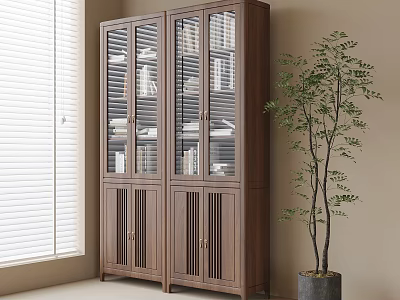 Walnut Wooden Bookcase with Glass Doors Books and Green Plant by Window 3d model