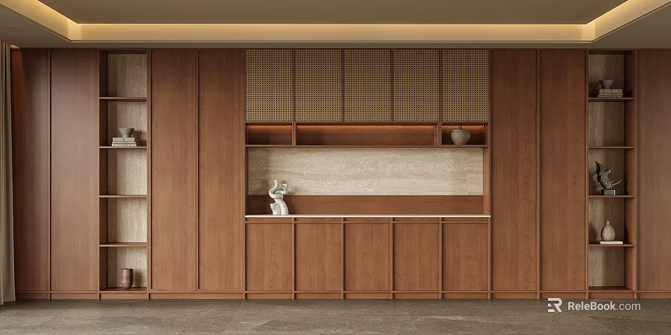 Modern Wooden Wine Cabinet Design With Storage Shelves And Decorative Ornaments 3d model 