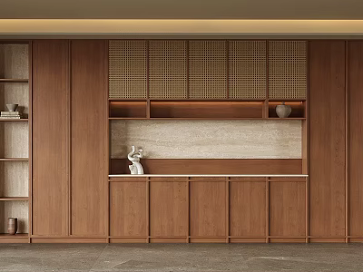 Modern Wooden Wine Cabinet Design With Storage Shelves And Decorative Ornaments 3d model
