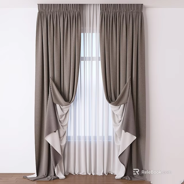 Grey And White Layered Curtains Modern Home Window Decor Light Filtering Design 3d model 
