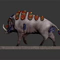 Fantasy Decorated Boar With Red Gold Armor Blue Ornaments White Tusks On Patterned Stone Platform