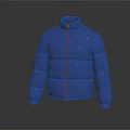 Blue Puffy Puffer Jacket With Red Stripe Modern Design And Sleek Look