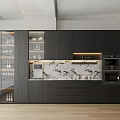 Modern Open Kitchen Interior With Wine Cabinet Glass Door Storage And Design