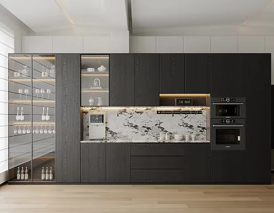 Modern Open Kitchen Interior With Wine Cabinet Glass Door Storage And Design 3d model