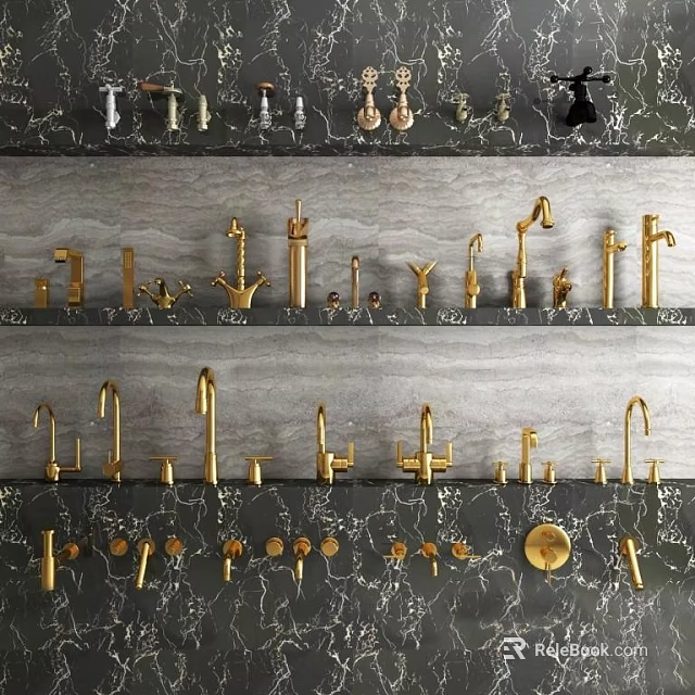 Golden Bathroom And Kitchen Faucets With Various Designs On Shelf 3d model 