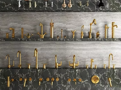 Golden Bathroom And Kitchen Faucets With Various Designs On Shelf 3d model