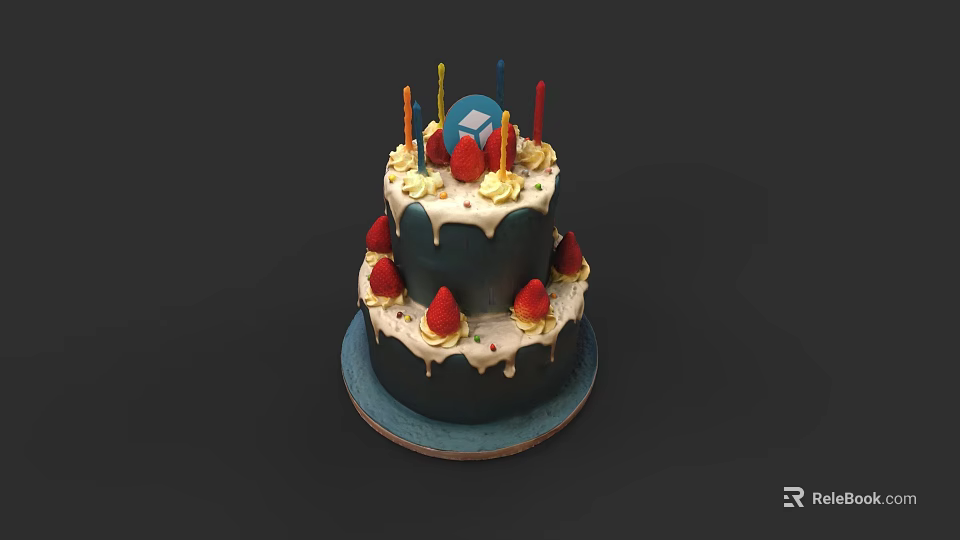 Two Tiered Birthday Cake With Candles Strawberries And Cream On Blue Plate 3d model 