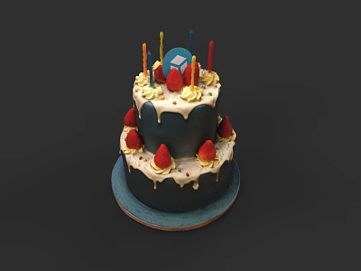 Two Tiered Birthday Cake With Candles Strawberries And Cream On Blue Plate 3d model
