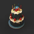 Two Tiered Birthday Cake With Candles Strawberries And Cream On Blue Plate