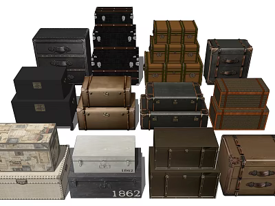 Vintage And Modern Trunks Collection Stacked With Various Colors And Designs 3d model