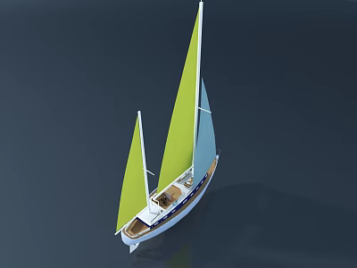 Sailboat with Green and Blue Sails and White Brown Hull Deck Design 3d model