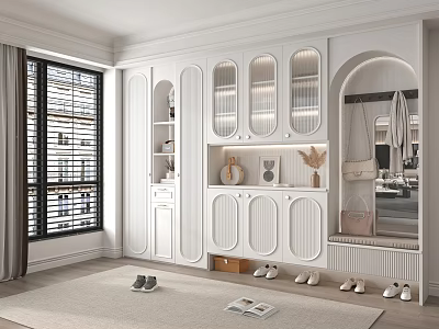 White Modern Shoe Cabinet with Glass Doors Open Shelves Mirror and Hanging Storage 3d model