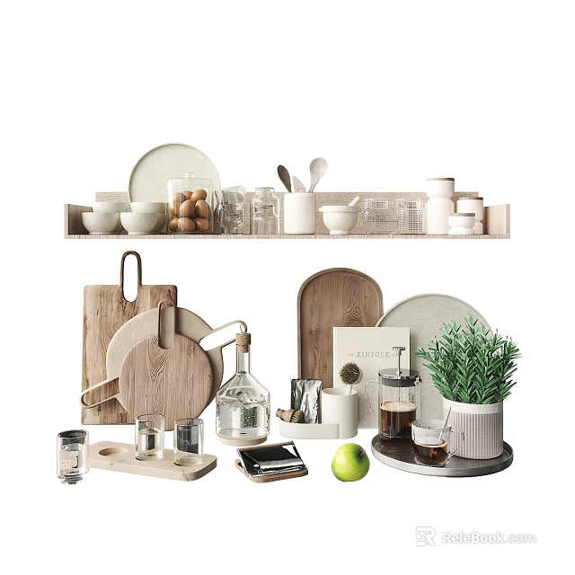 Natural Tableware Set With Wooden Boards And Glassware 3d model 