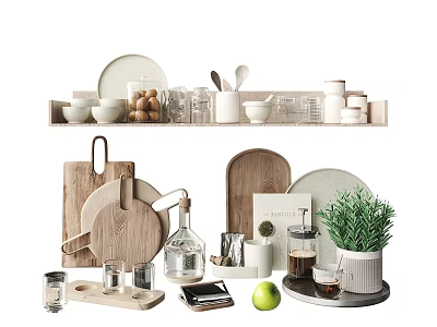 Natural Tableware Set With Wooden Boards And Glassware 3d model