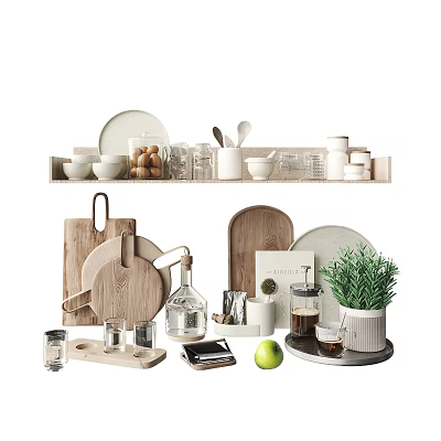 Natural Tableware Set With Wooden Boards And Glassware 3d model