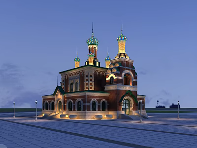 European Style Architecture With Red Brick White Walls Decorative Towers Spires And Evening Lighting 3d model